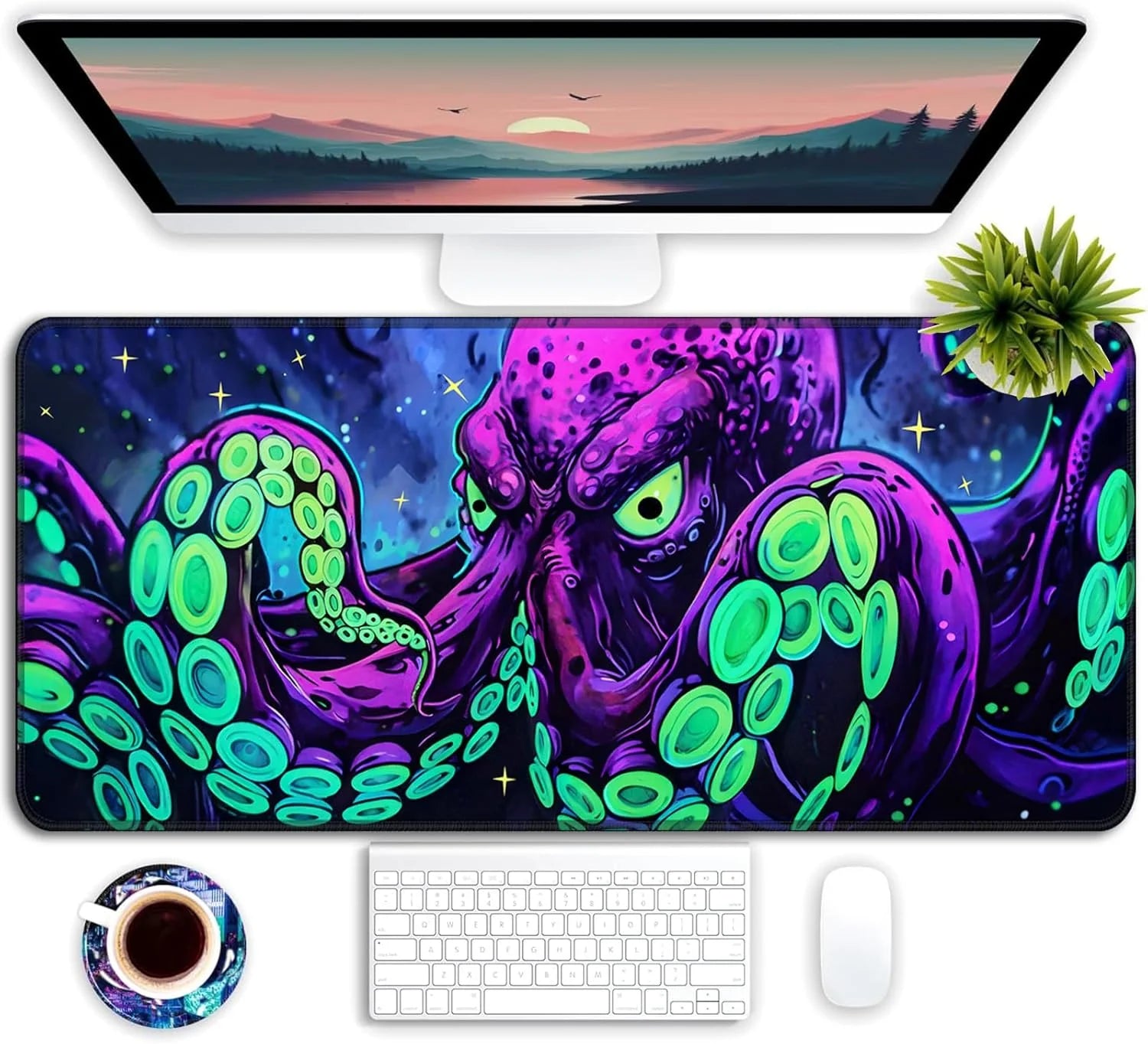 Blacklight Octopus Gaming Mouse Pad – UV Reactive Kraken Tentacles Mouse Mat, Neon Glow in the Dark Waterproof Extended Mousepad with Non-Slip Rubber Base for Office & Home – 31.5" X 11.8"