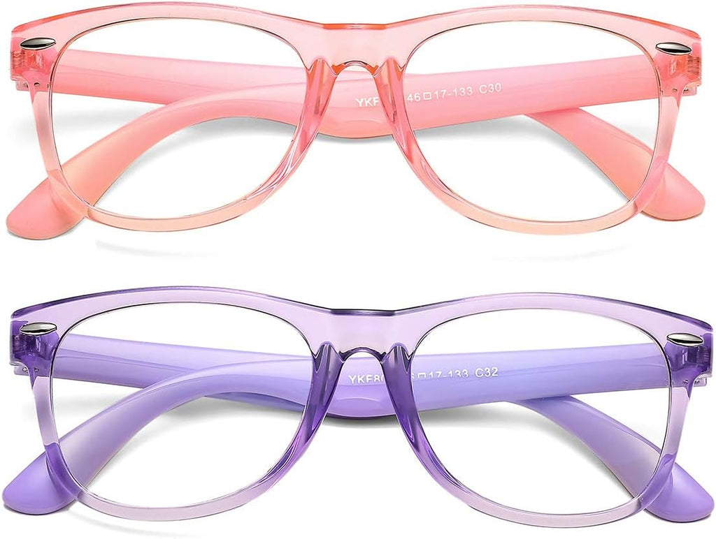 Kids Blue Light Blocking Glasses 2 Pack Unbreakable Frame for Boys & Girls-2 Pack(Transparent Pink+Transparent Purple)
