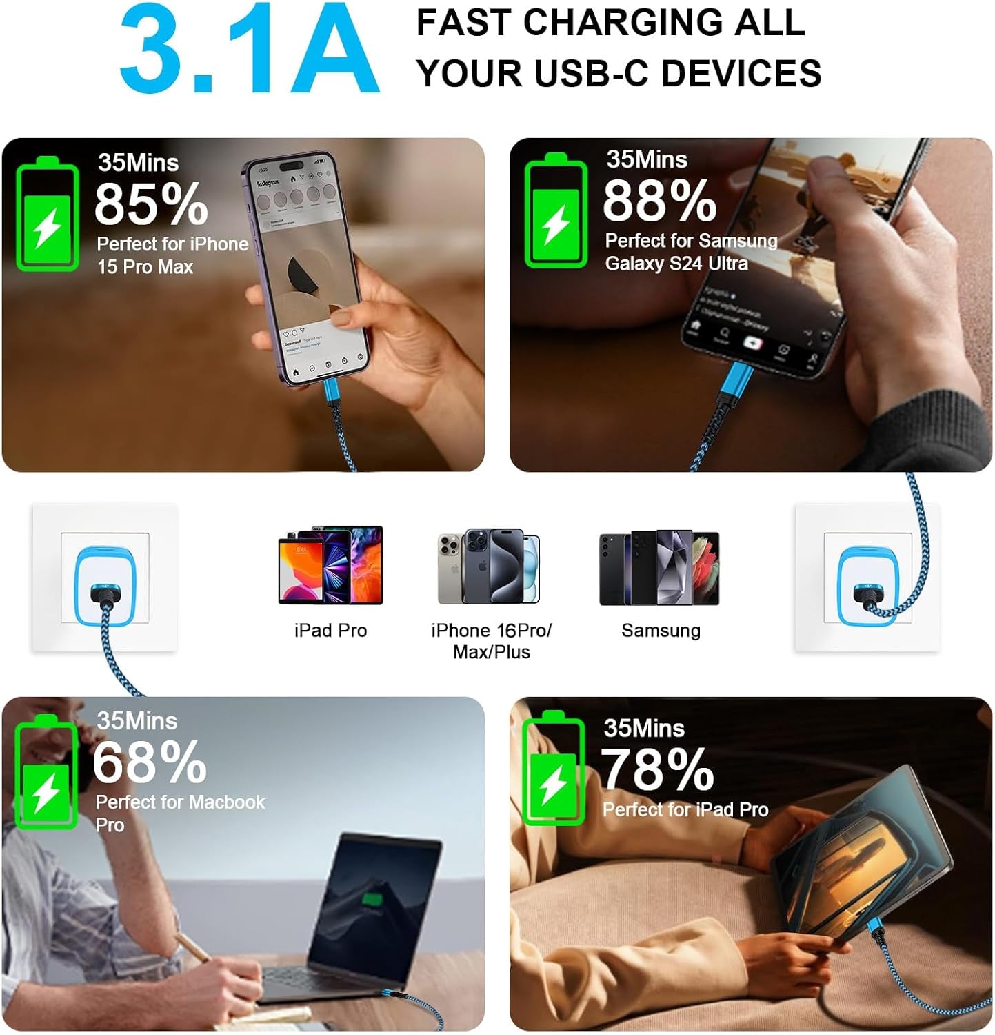 Car Carplay Cable Fast Charging 3Ft/2Pack for Iphone 17 Pro Max Air 16E/16/16 Pro/16 Pro Max/16 Plus/15 Pro Max,3.1A USB Type C Charger Cord Car Fast Cable for Samsung Galaxy S25 Edge A17,Pixel 10 Pro