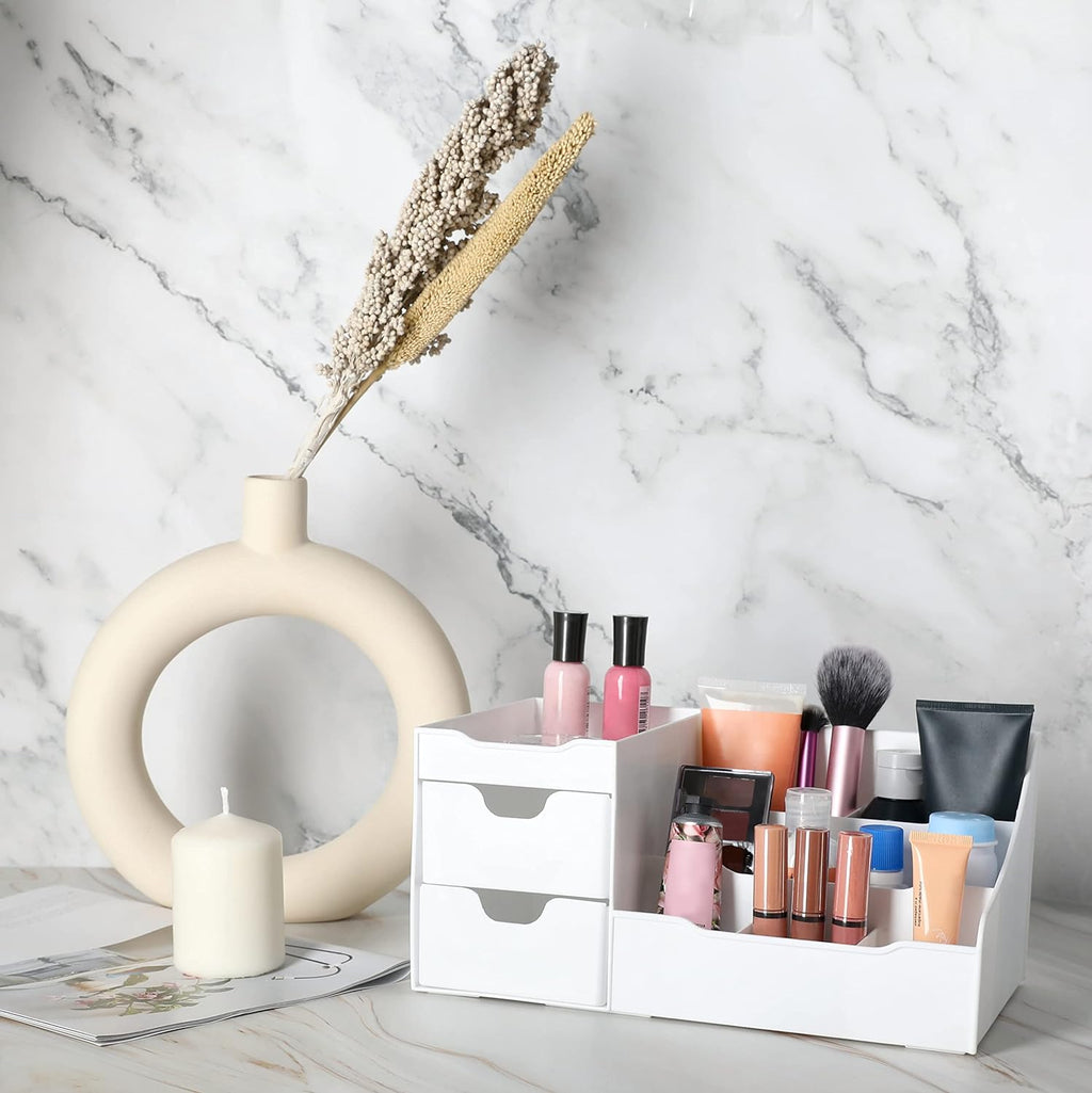 Cosmetic Storage Organizer - Sitting on Your Vanity, Bathroom Counter or Dresser - Easily Organize Your Cosmetics, Jewelry, Hair Accessories (White)