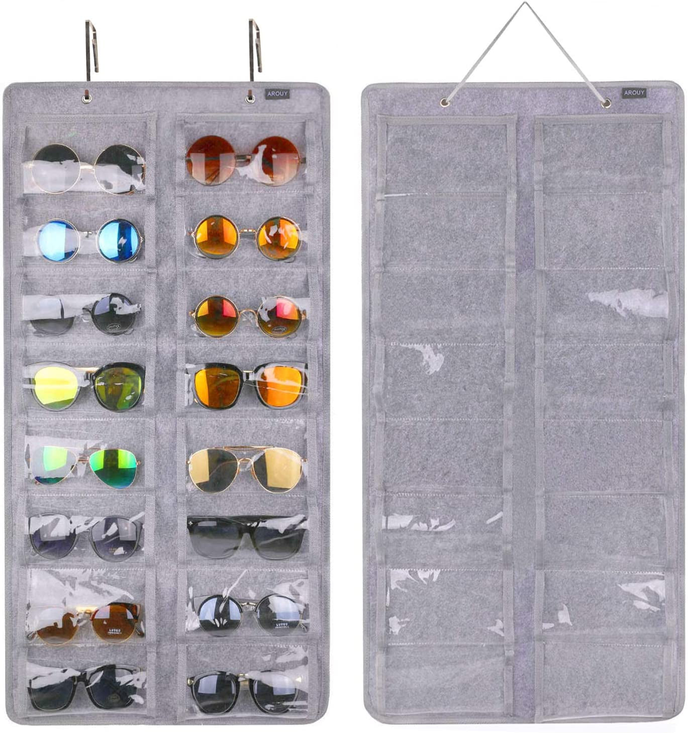 Sunglasses Organizer Storage, Hanging Dust Proof Wall Pocket Glasses Organizer - 16 Felt Slots Sunglass Organizers Holder with Metal Hook and Sturdy Rope (Gray, Dust Proof)