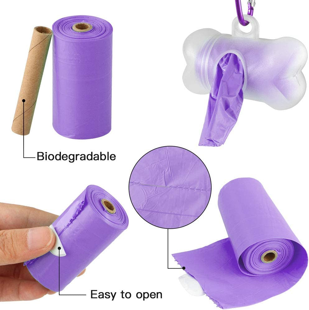 Dog Poop Bags - Leak-Proof Dog Waste Bags, Clean up Pet Poo Bag Refills 9 Rolls /135 Count, (Purple) Includes Free Bone Dispenser and D-Ring Carabiners Clip