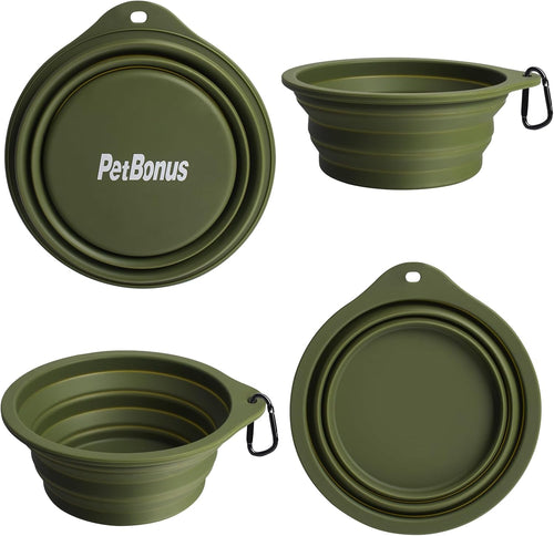 2-Pack Silicone Collapsible Dog Bowls, BPA Free Dishwasher Safe, Portable Foldable Expandable Travel Bowl, Food Water Feeding Cup Dish for Dogs Cats with 2 Carabiners (Army Green, Blue)