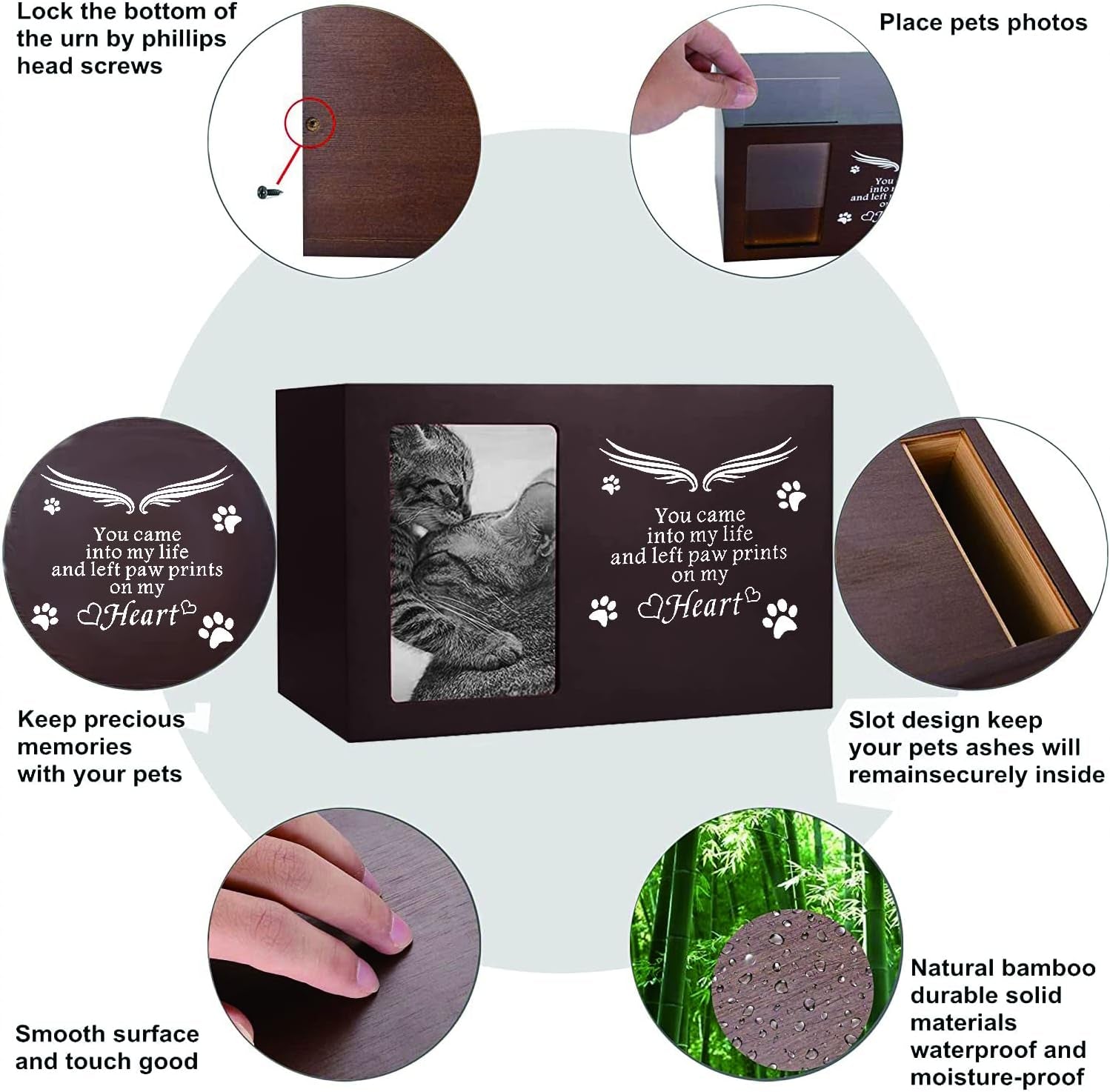 Pet Memorial Keepsake - Cat or Dog Urn with Photo Frame, Wooden Bamboo Urn for Memorial Gifts