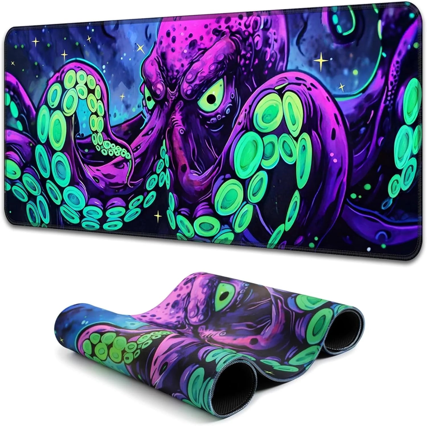 Blacklight Octopus Gaming Mouse Pad – UV Reactive Kraken Tentacles Mouse Mat, Neon Glow in the Dark Waterproof Extended Mousepad with Non-Slip Rubber Base for Office & Home – 31.5" X 11.8"