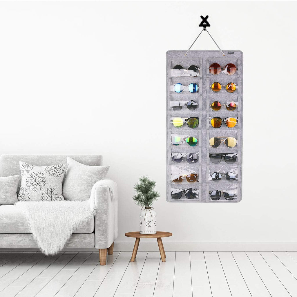 Sunglasses Organizer Storage, Hanging Dust Proof Wall Pocket Glasses Organizer - 16 Felt Slots Sunglass Organizers Holder with Metal Hook and Sturdy Rope (Gray, Dust Proof)