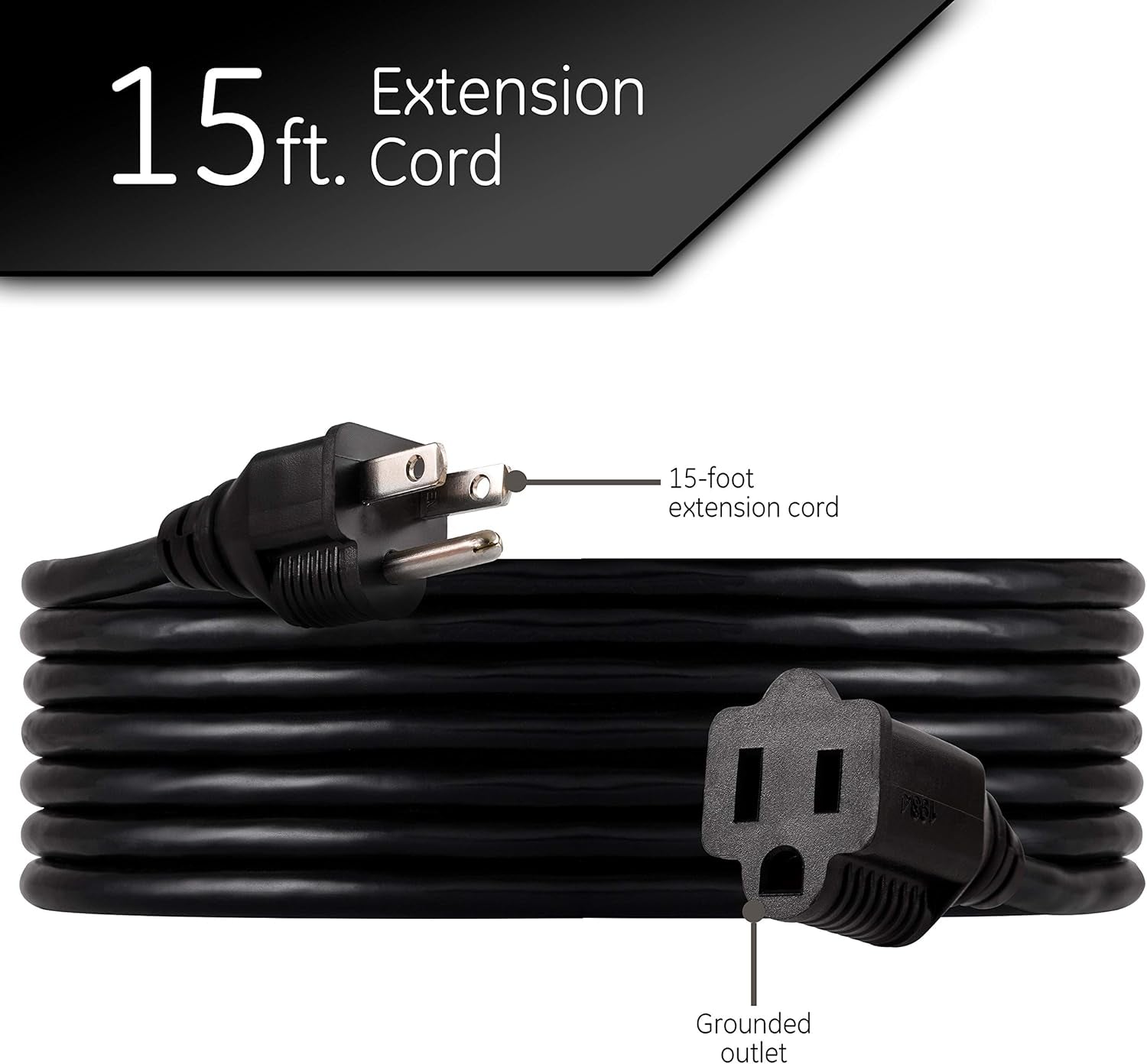Outdoor Extension Cord, 15 Ft, Heavy Duty Extension Cord, Double Insulated, Grounded, 16 Gauge, 3 Prong Extension Cords, General Purpose Long Extension Cord, UL Listed, Black, 36824