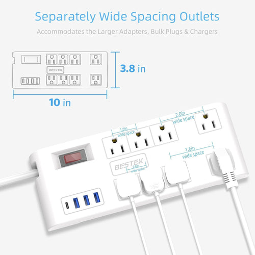8 AC Outlet, 5 Feet Extension Cord Power Strip with 3 USB-A 2.4A 1USB-C 3A, MAX Output 1625W 13A, 600Joule, Ultra-Compact Wide Spaced Outlet for Large Plug