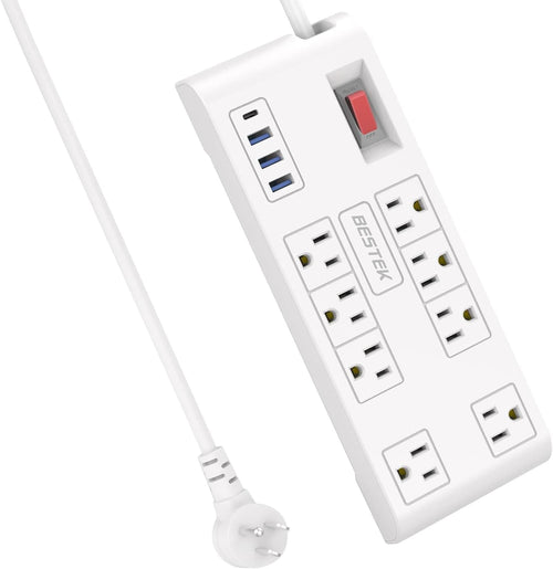 8 AC Outlet, 5 Feet Extension Cord Power Strip with 3 USB-A 2.4A 1USB-C 3A, MAX Output 1625W 13A, 600Joule, Ultra-Compact Wide Spaced Outlet for Large Plug