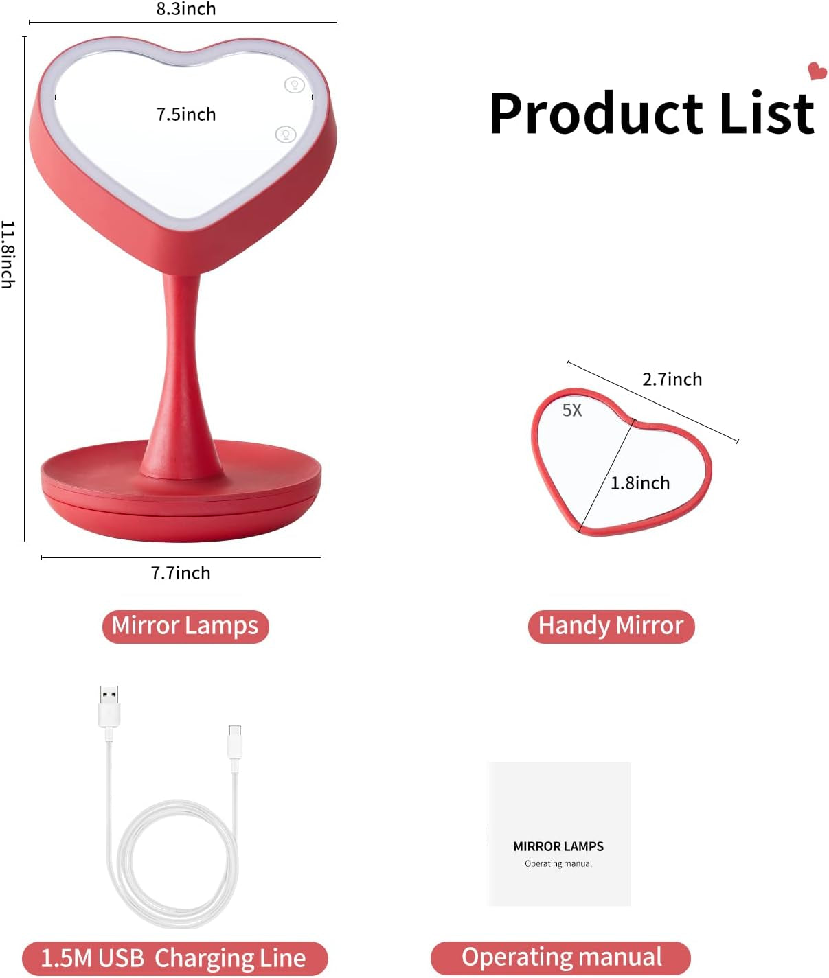 Makeup Mirror with Lights,2000 Mah LED Rechargeable Makeup Mirror,Back Ambient Light, Nice Gift for Daughter Girlfriend Wife Sister,Red