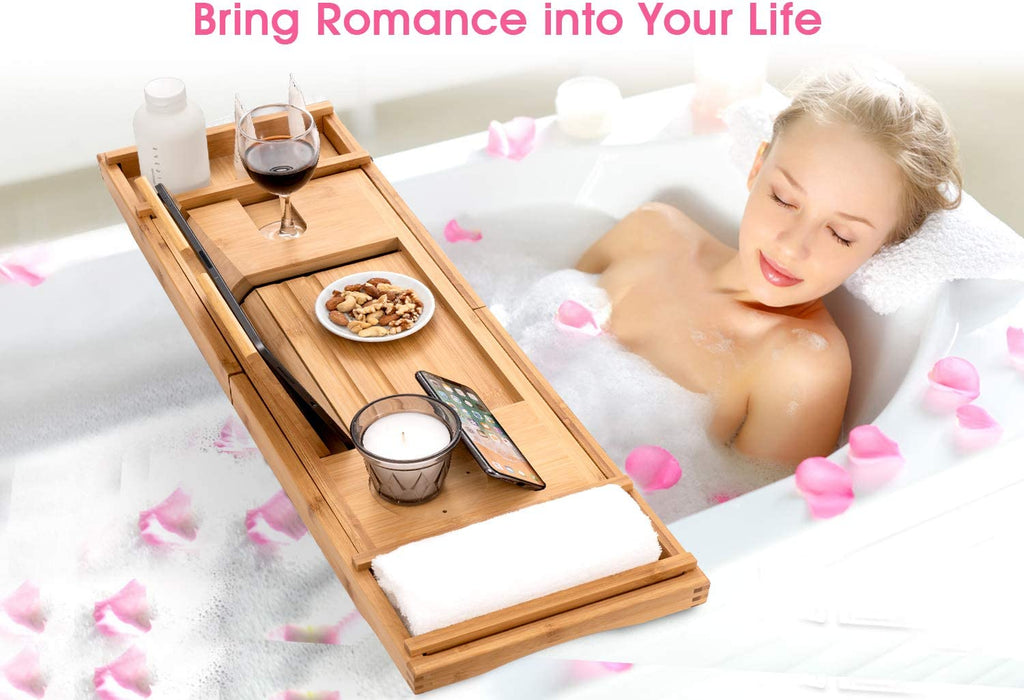 Bamboo Bathtub Caddy Tray Durable, Non-Slip, One or Two Person Bath and Bed Tray, Extending Sides Fits Any Tub, Cellphone and Wineglass Holder, Free Soap Holder -Yellow