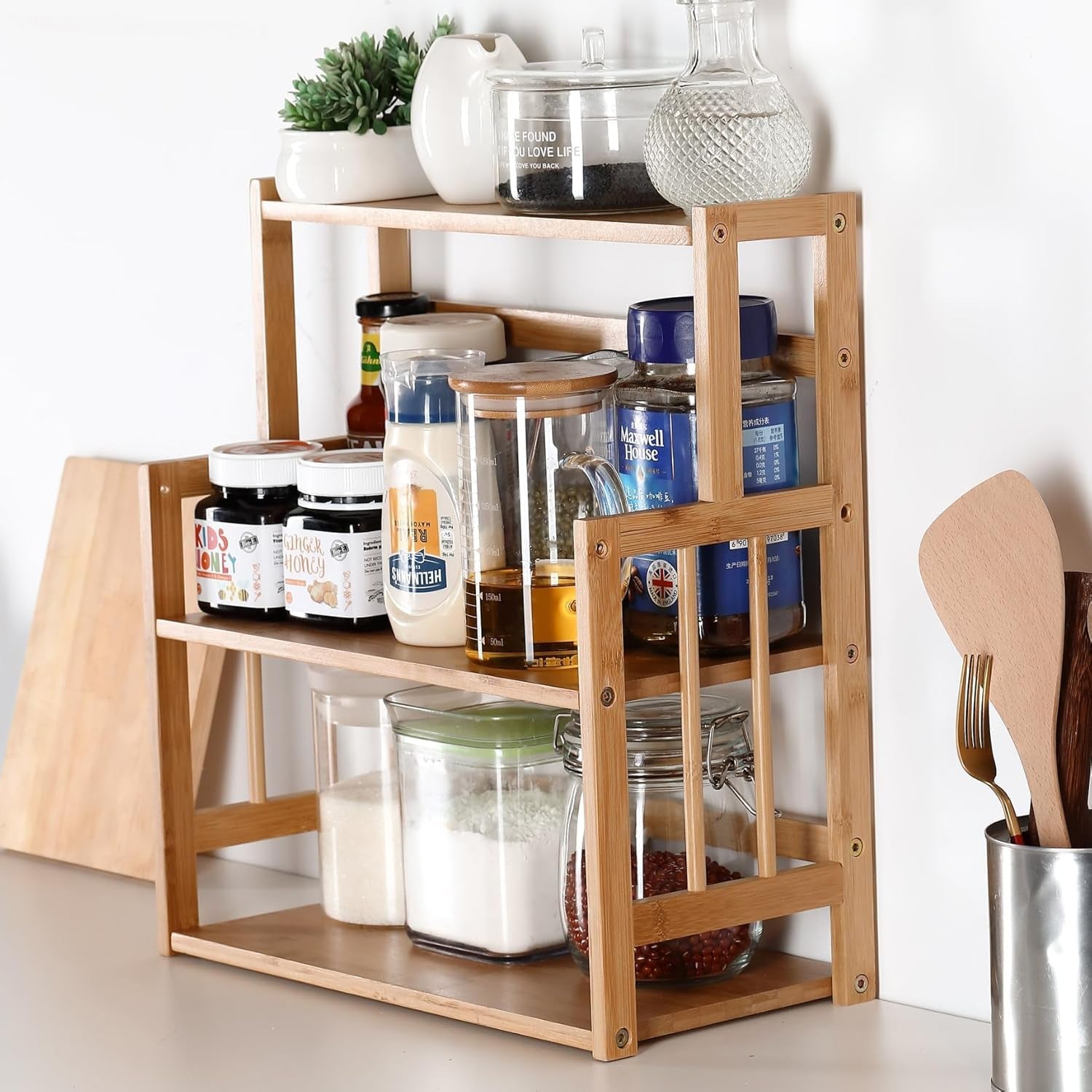 Bamboo Spice Rack 3-Tier Kitchen Countertop Organizer, Adjustable Shelf Pantry Storage Stand for Herbs, Jars, and Bottles
