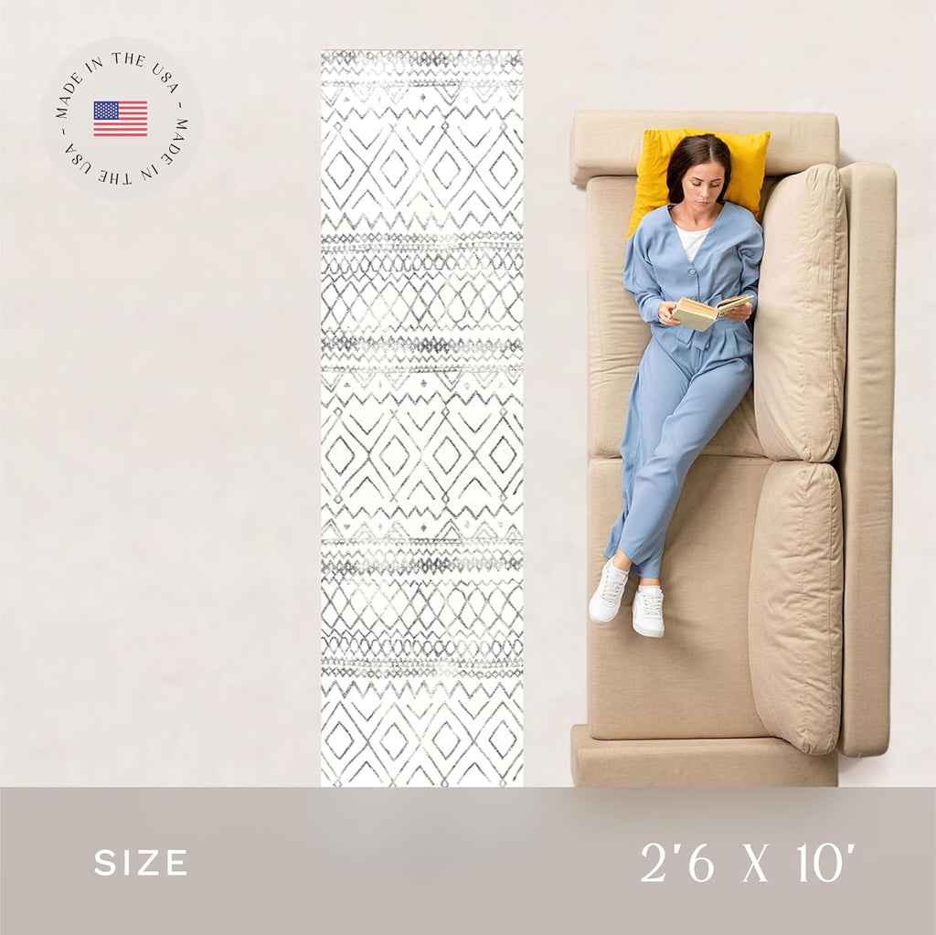 Abstract Diamond Modern Distressed Non Slip Runner Rug for Hallway Entry Way Floor Carpet [Made in USA], 2'6 X 10, Neutral