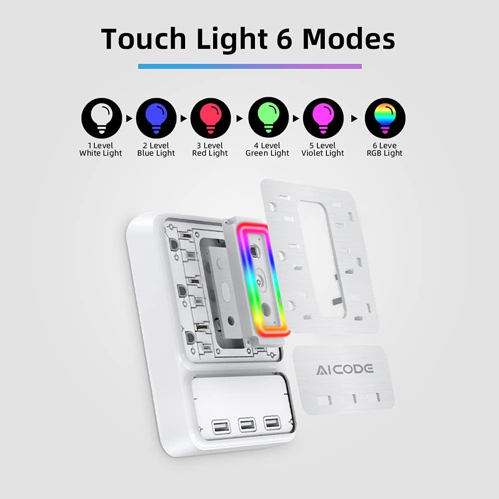 Multi Plug Outlet Extender, 6 Outlet Surge Outlet Protector with 3 USB Charger(3.2A Total),Wall Outlet Plug Electrical Outlet with 6 Ambient RGB Light , Plug Extender for Home,Office,Dorm,Hotel