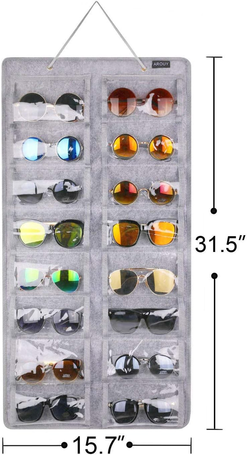 Sunglasses Organizer Storage, Hanging Dust Proof Wall Pocket Glasses Organizer - 16 Felt Slots Sunglass Organizers Holder with Metal Hook and Sturdy Rope (Gray, Dust Proof)