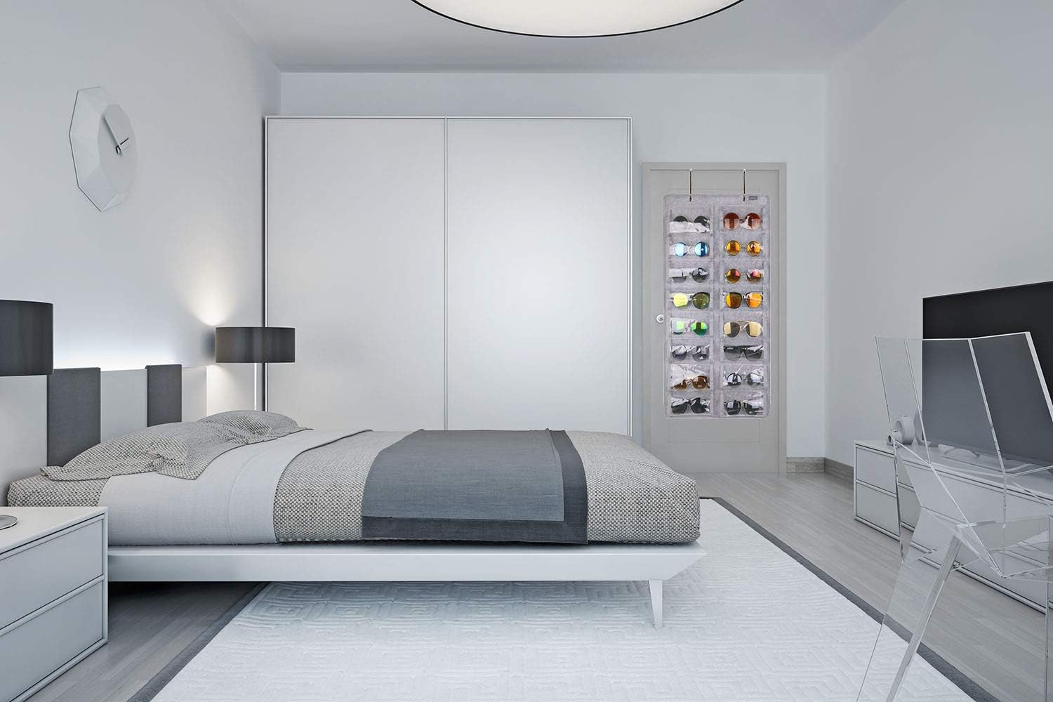 Sunglasses Organizer Storage, Hanging Dust Proof Wall Pocket Glasses Organizer - 16 Felt Slots Sunglass Organizers Holder with Metal Hook and Sturdy Rope (Gray, Dust Proof)