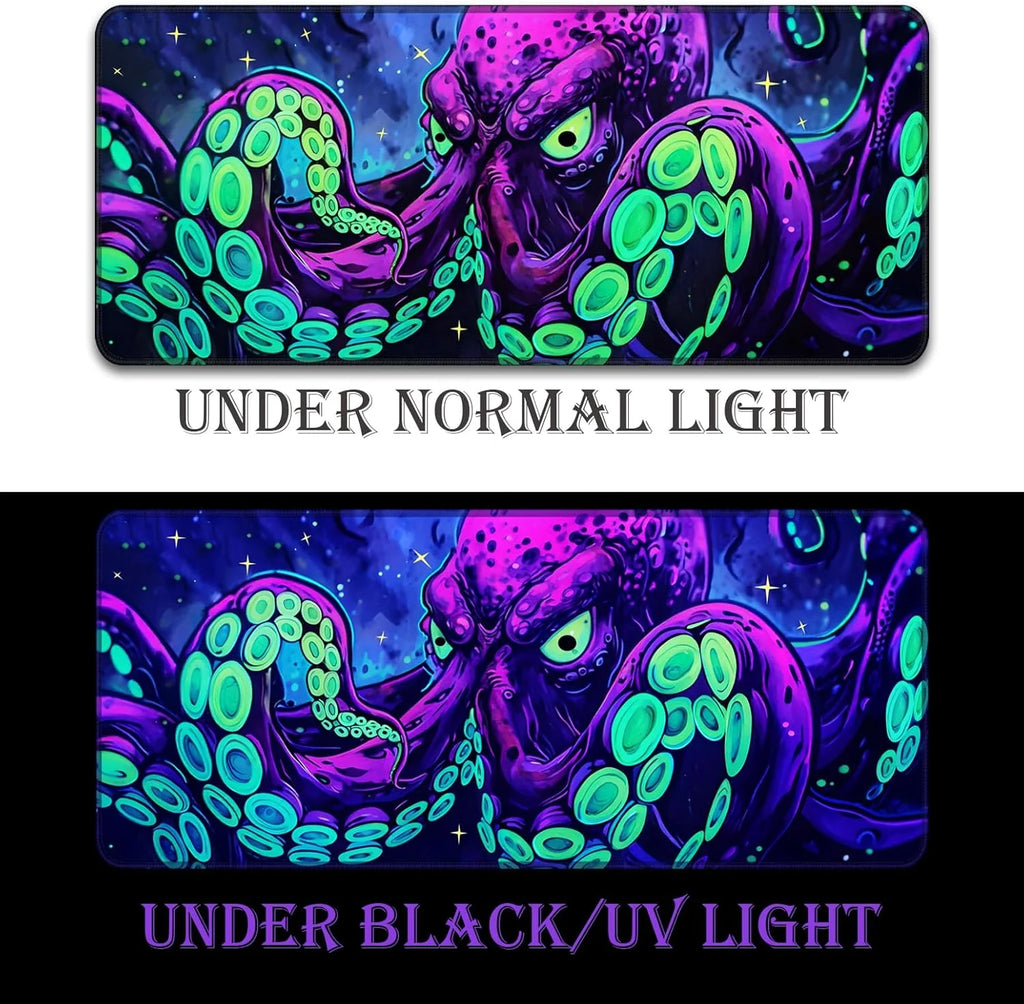 Blacklight Octopus Gaming Mouse Pad – UV Reactive Kraken Tentacles Mouse Mat, Neon Glow in the Dark Waterproof Extended Mousepad with Non-Slip Rubber Base for Office & Home – 31.5" X 11.8"