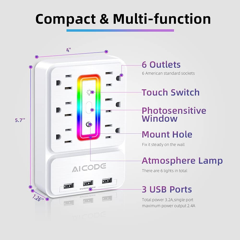 Multi Plug Outlet Extender, 6 Outlet Surge Outlet Protector with 3 USB Charger(3.2A Total),Wall Outlet Plug Electrical Outlet with 6 Ambient RGB Light , Plug Extender for Home,Office,Dorm,Hotel