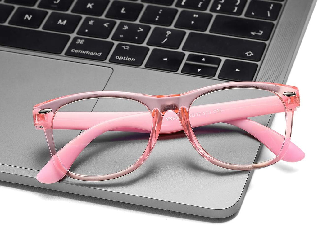 Kids Blue Light Blocking Glasses 2 Pack Unbreakable Frame for Boys & Girls-2 Pack(Transparent Pink+Transparent Purple)